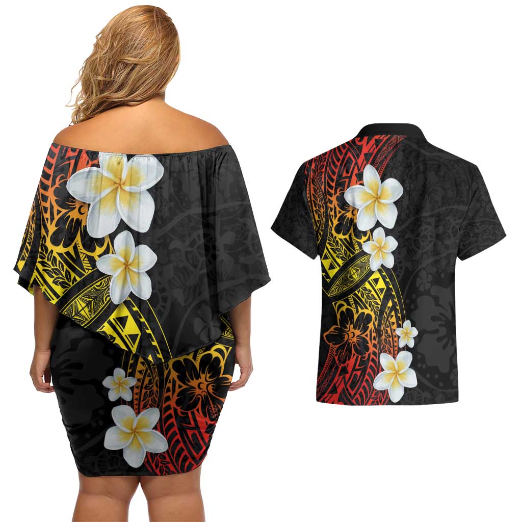Plumeria Couples Matching Off Shoulder Short Dress and Hawaiian Shirt Polynesian Tribal Frangipani Sunset LT03 - Polynesian Pride