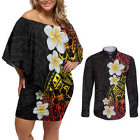 Plumeria Couples Matching Off Shoulder Short Dress and Long Sleeve Button Shirt Polynesian Tribal Frangipani Sunset LT03 Black - Polynesian Pride