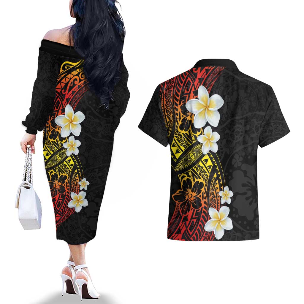 Plumeria Couples Matching Off The Shoulder Long Sleeve Dress and Hawaiian Shirt Polynesian Tribal Frangipani Sunset LT03 - Polynesian Pride