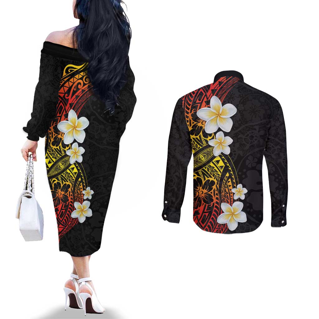 Plumeria Couples Matching Off The Shoulder Long Sleeve Dress and Long Sleeve Button Shirt Polynesian Tribal Frangipani Sunset LT03 - Polynesian Pride