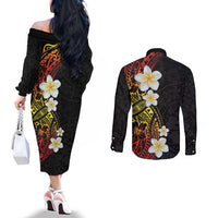 Plumeria Couples Matching Off The Shoulder Long Sleeve Dress and Long Sleeve Button Shirt Polynesian Tribal Frangipani Sunset LT03 - Polynesian Pride