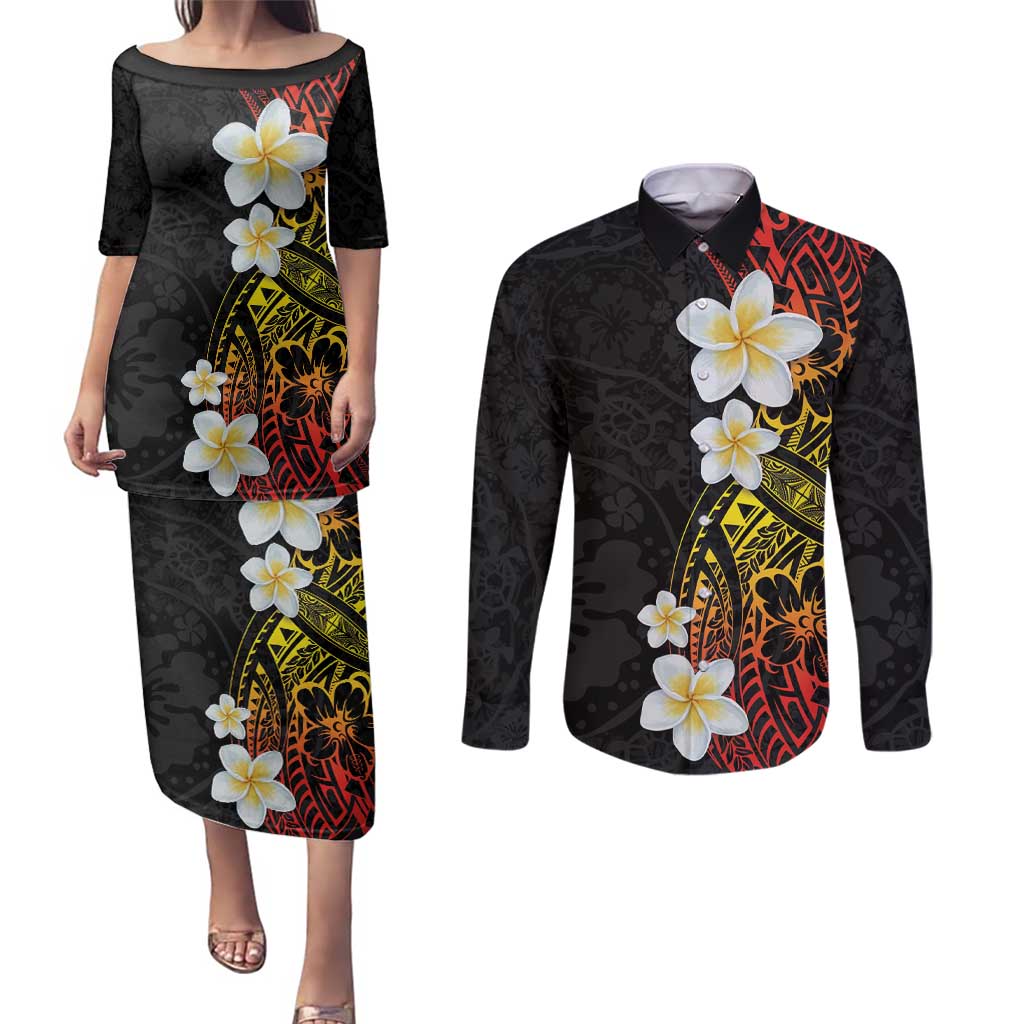 Plumeria Couples Matching Puletasi and Long Sleeve Button Shirt Polynesian Tribal Frangipani Sunset