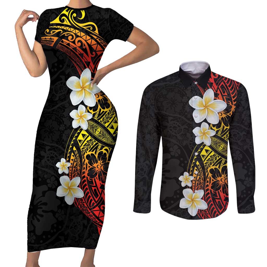 Plumeria Couples Matching Short Sleeve Bodycon Dress and Long Sleeve Button Shirt Polynesian Tribal Frangipani Sunset LT03 Black - Polynesian Pride