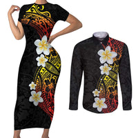 Plumeria Couples Matching Short Sleeve Bodycon Dress and Long Sleeve Button Shirt Polynesian Tribal Frangipani Sunset LT03 Black - Polynesian Pride