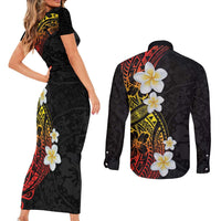 Plumeria Couples Matching Short Sleeve Bodycon Dress and Long Sleeve Button Shirt Polynesian Tribal Frangipani Sunset LT03 - Polynesian Pride