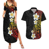 Plumeria Couples Matching Summer Maxi Dress and Hawaiian Shirt Polynesian Tribal Frangipani Sunset LT03 Black - Polynesian Pride
