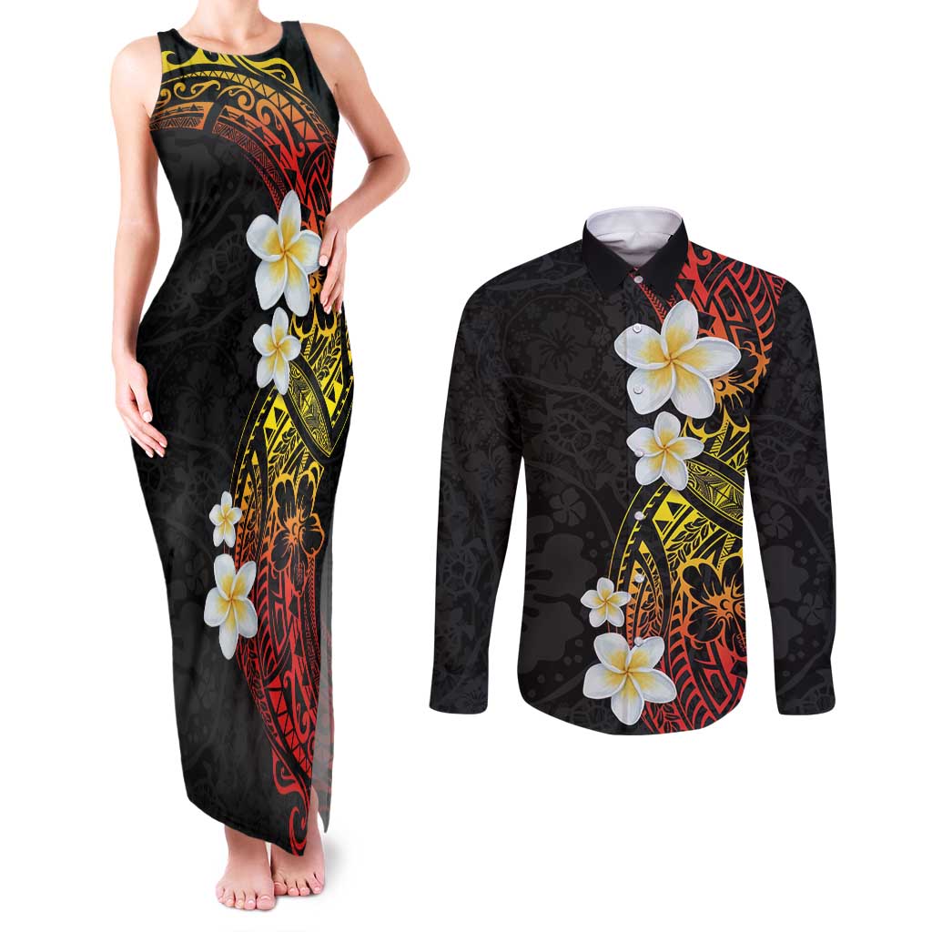 Plumeria Couples Matching Tank Maxi Dress and Long Sleeve Button Shirt Polynesian Tribal Frangipani Sunset LT03 Black - Polynesian Pride