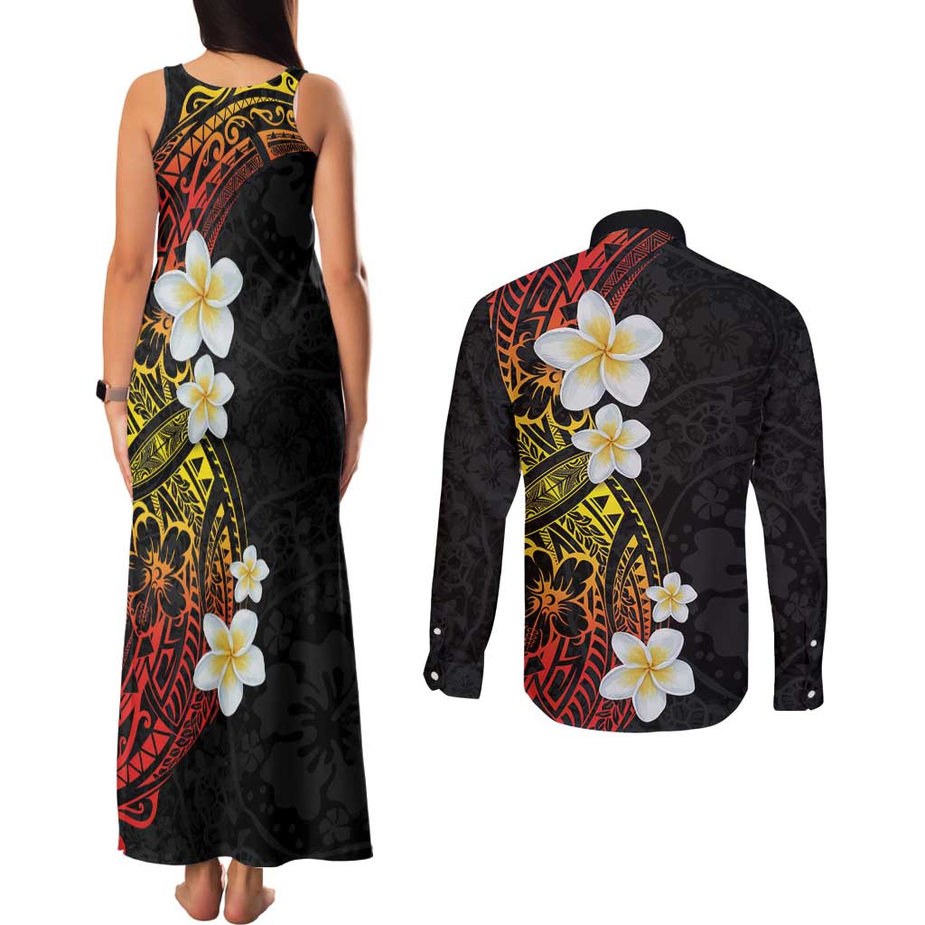 Plumeria Couples Matching Tank Maxi Dress and Long Sleeve Button Shirt Polynesian Tribal Frangipani Sunset LT03 - Polynesian Pride