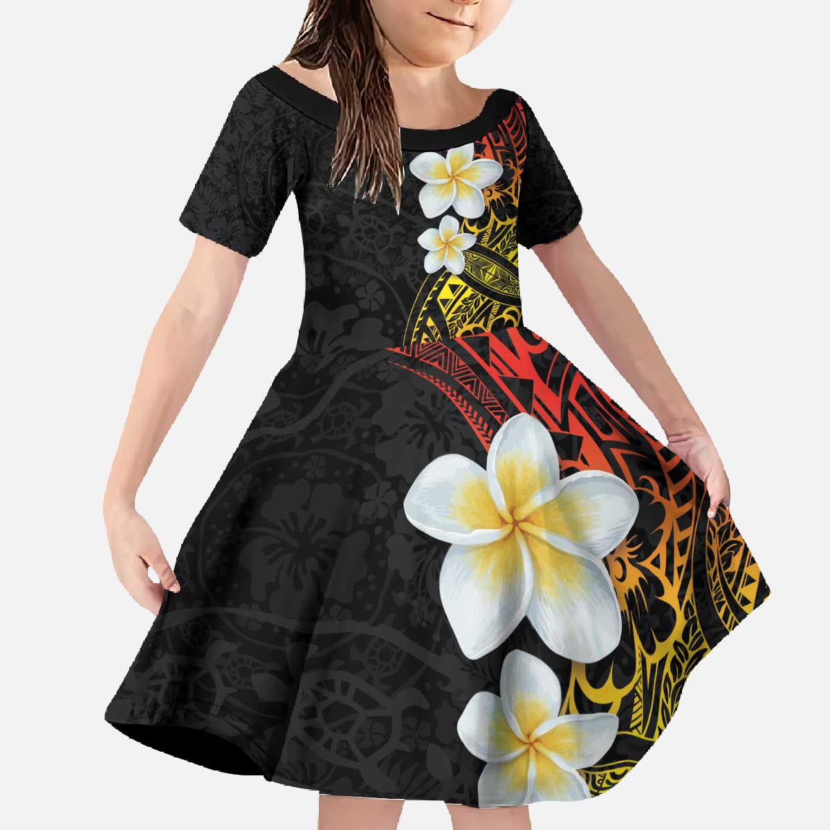 Plumeria Family Matching Off The Shoulder Long Sleeve Dress and Hawaiian Shirt Polynesian Tribal Frangipani Sunset LT03 Daughter's Dress Black - Polynesian Pride