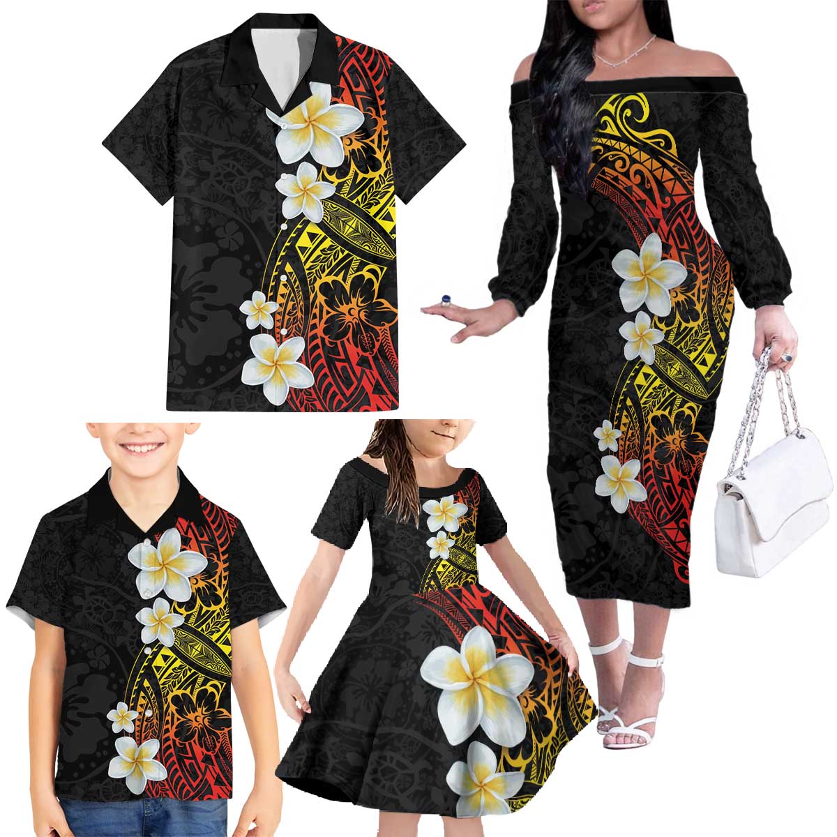 Plumeria Family Matching Off The Shoulder Long Sleeve Dress and Hawaiian Shirt Polynesian Tribal Frangipani Sunset LT03 - Polynesian Pride