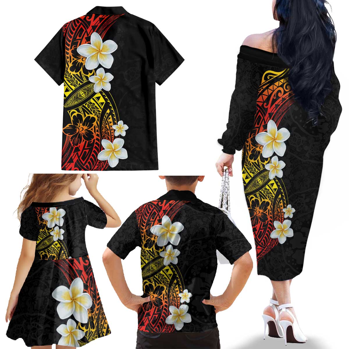 Plumeria Family Matching Off The Shoulder Long Sleeve Dress and Hawaiian Shirt Polynesian Tribal Frangipani Sunset LT03 - Polynesian Pride