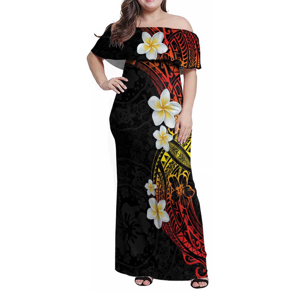 Plumeria Family Matching Off Shoulder Maxi Dress and Hawaiian Shirt Polynesian Tribal Frangipani Sunset LT03 Mom's Dress Black - Polynesian Pride