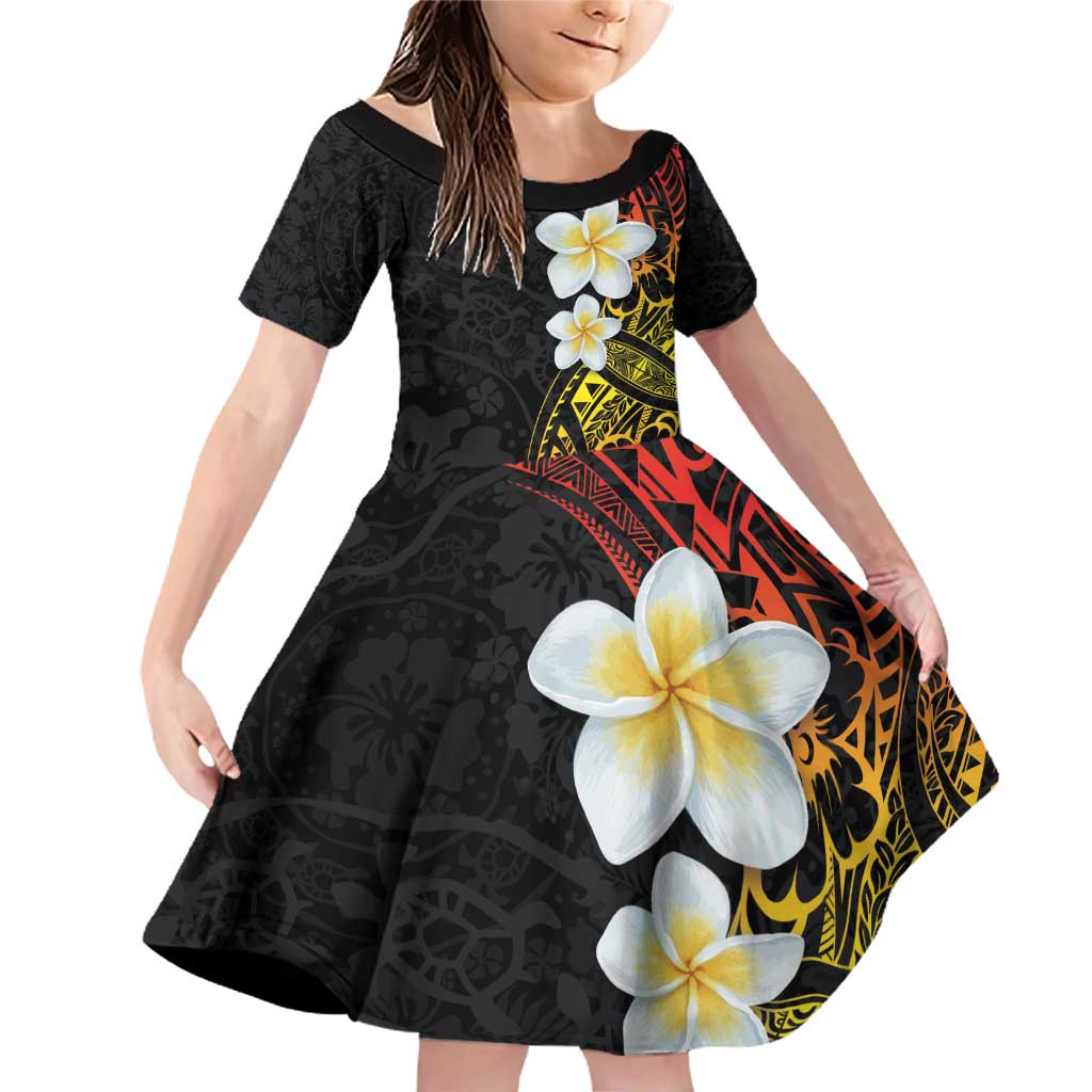 Plumeria Family Matching Off Shoulder Short Dress and Hawaiian Shirt Polynesian Tribal Frangipani Sunset LT03 Daughter's Dress Black - Polynesian Pride