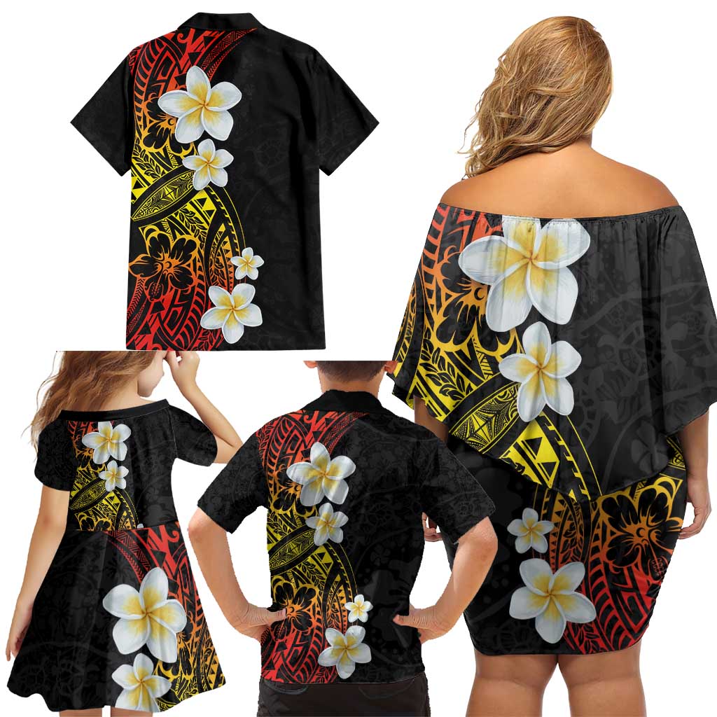 Plumeria Family Matching Off Shoulder Short Dress and Hawaiian Shirt Polynesian Tribal Frangipani Sunset LT03 - Polynesian Pride
