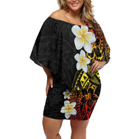 Plumeria Family Matching Off Shoulder Short Dress and Hawaiian Shirt Polynesian Tribal Frangipani Sunset LT03 Mom's Dress Black - Polynesian Pride