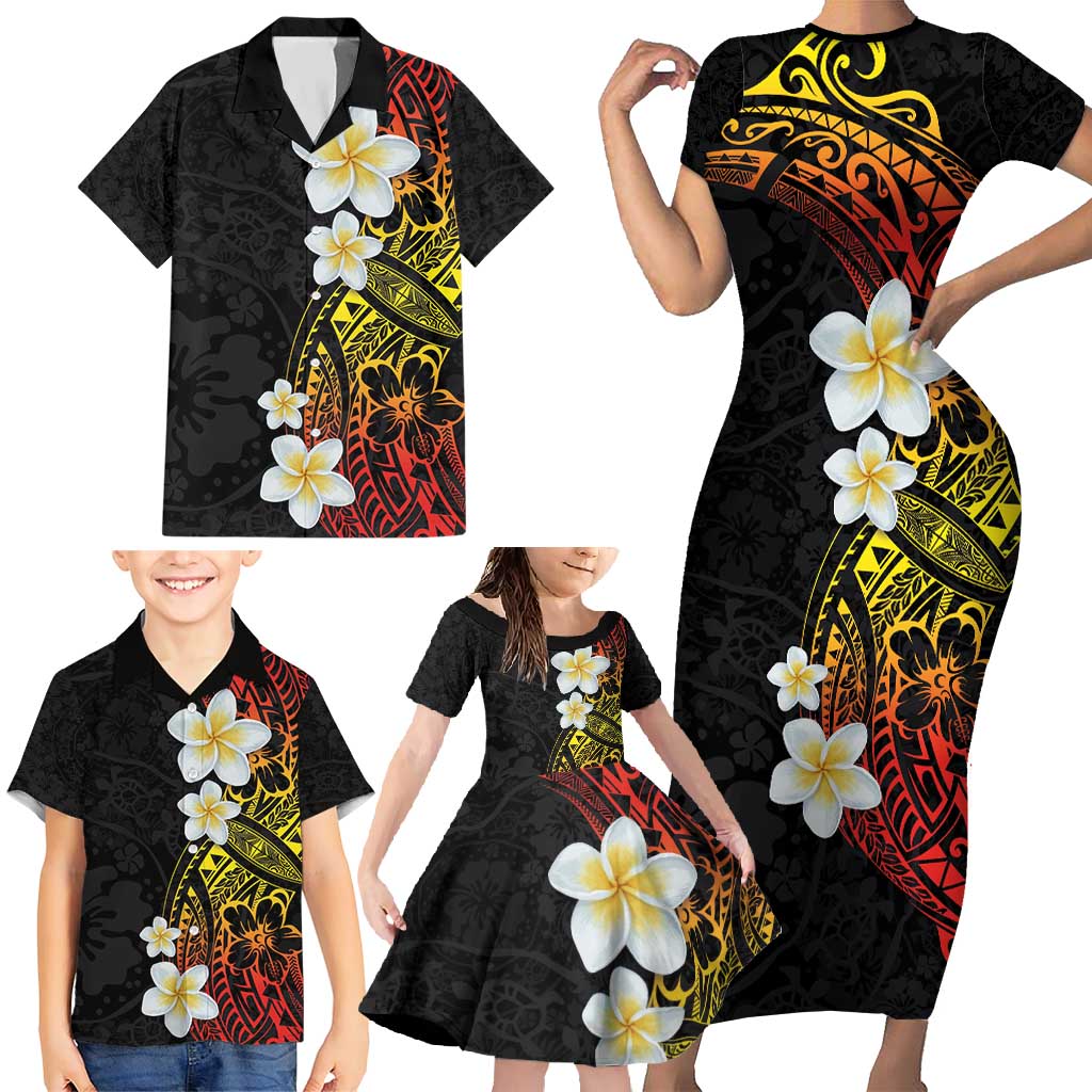 Plumeria Family Matching Short Sleeve Bodycon Dress and Hawaiian Shirt Polynesian Tribal Frangipani Sunset LT03 - Polynesian Pride