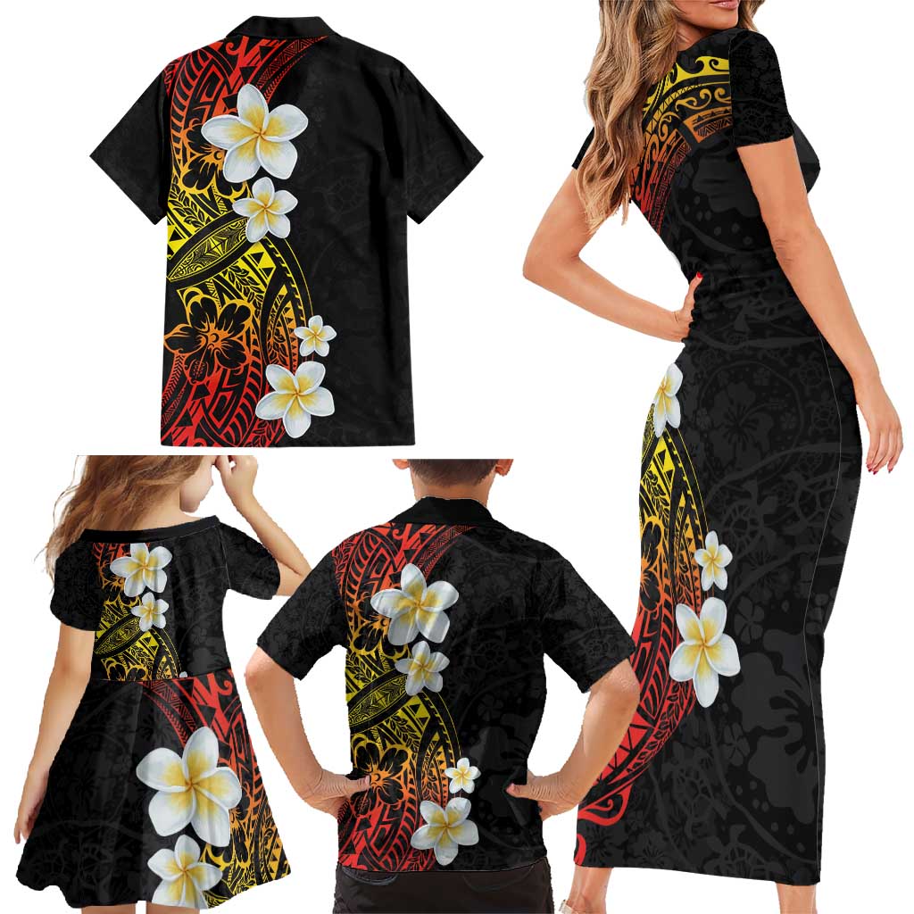 Plumeria Family Matching Short Sleeve Bodycon Dress and Hawaiian Shirt Polynesian Tribal Frangipani Sunset LT03 - Polynesian Pride