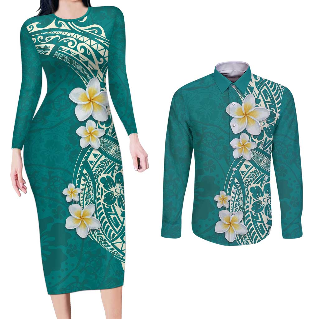 Plumeria Couples Matching Long Sleeve Bodycon Dress and Long Sleeve Button Shirt Polynesian Tribal Frangipani Teal LT03 Teal - Polynesian Pride