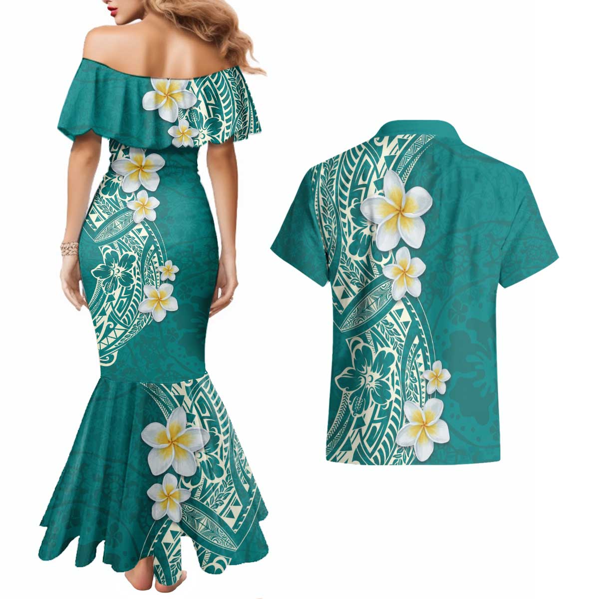 Plumeria Couples Matching Mermaid Dress and Hawaiian Shirt Polynesian Tribal Frangipani Teal LT03 - Polynesian Pride