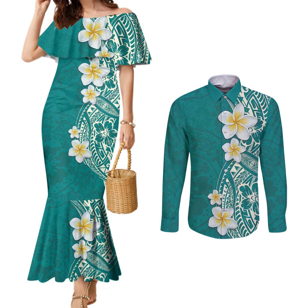Plumeria Couples Matching Mermaid Dress and Long Sleeve Button Shirt Polynesian Tribal Frangipani Teal LT03 Teal - Polynesian Pride