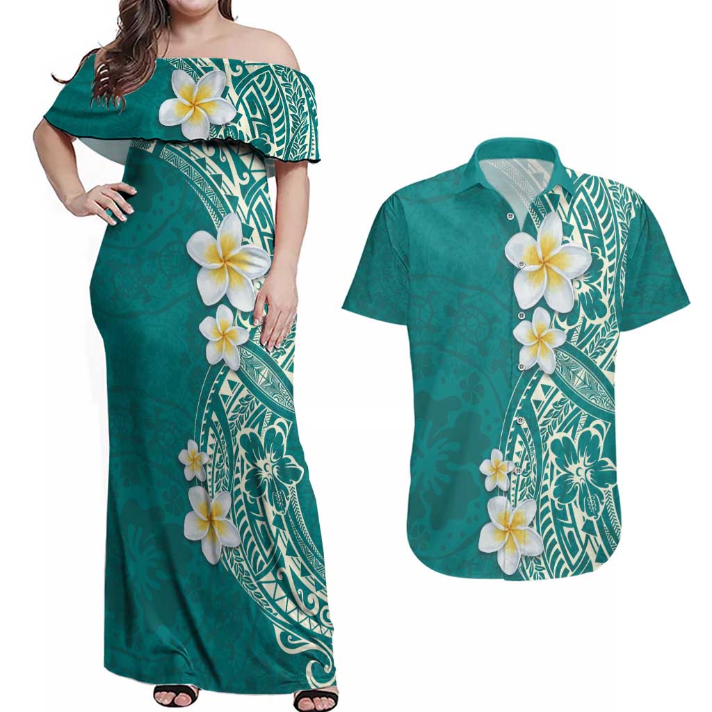 Plumeria Couples Matching Off Shoulder Maxi Dress and Hawaiian Shirt Polynesian Tribal Frangipani Teal LT03 Teal - Polynesian Pride