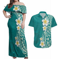 Plumeria Couples Matching Off Shoulder Maxi Dress and Hawaiian Shirt Polynesian Tribal Frangipani Teal LT03 Teal - Polynesian Pride