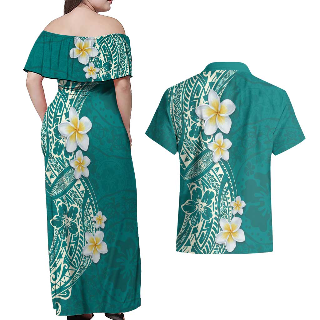 Plumeria Couples Matching Off Shoulder Maxi Dress and Hawaiian Shirt Polynesian Tribal Frangipani Teal LT03 - Polynesian Pride