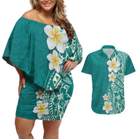 Plumeria Couples Matching Off Shoulder Short Dress and Hawaiian Shirt Polynesian Tribal Frangipani Teal LT03 Teal - Polynesian Pride