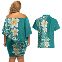 Plumeria Couples Matching Off Shoulder Short Dress and Hawaiian Shirt Polynesian Tribal Frangipani Teal LT03 - Polynesian Pride