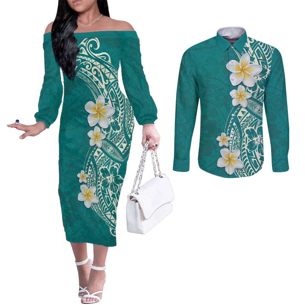 Plumeria Couples Matching Off The Shoulder Long Sleeve Dress and Long Sleeve Button Shirt Polynesian Tribal Frangipani Teal LT03 Teal - Polynesian Pride