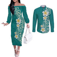 Plumeria Couples Matching Off The Shoulder Long Sleeve Dress and Long Sleeve Button Shirt Polynesian Tribal Frangipani Teal LT03 Teal - Polynesian Pride