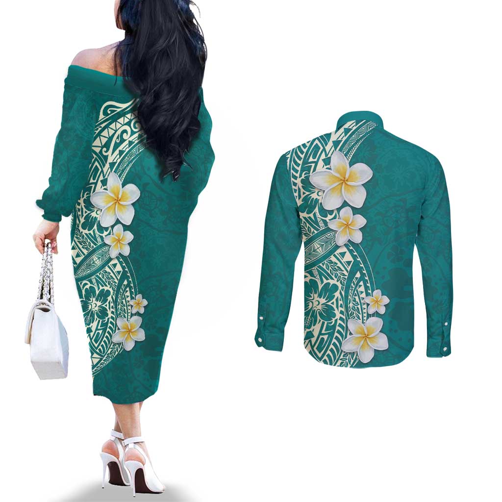 Plumeria Couples Matching Off The Shoulder Long Sleeve Dress and Long Sleeve Button Shirt Polynesian Tribal Frangipani Teal LT03 - Polynesian Pride