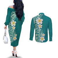 Plumeria Couples Matching Off The Shoulder Long Sleeve Dress and Long Sleeve Button Shirt Polynesian Tribal Frangipani Teal LT03 - Polynesian Pride
