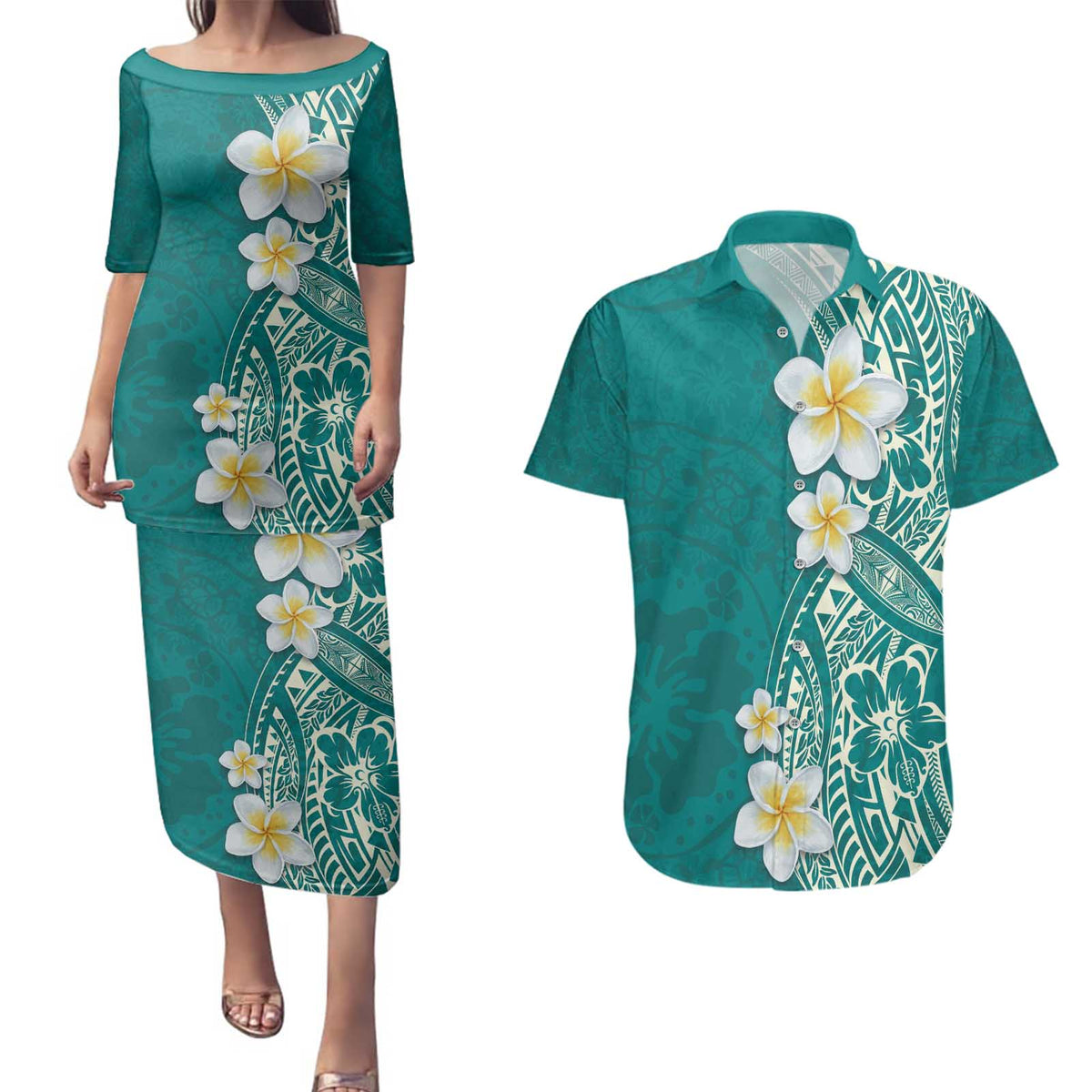 Plumeria Couples Matching Puletasi and Hawaiian Shirt Polynesian Tribal Frangipani Teal LT03 Teal - Polynesian Pride