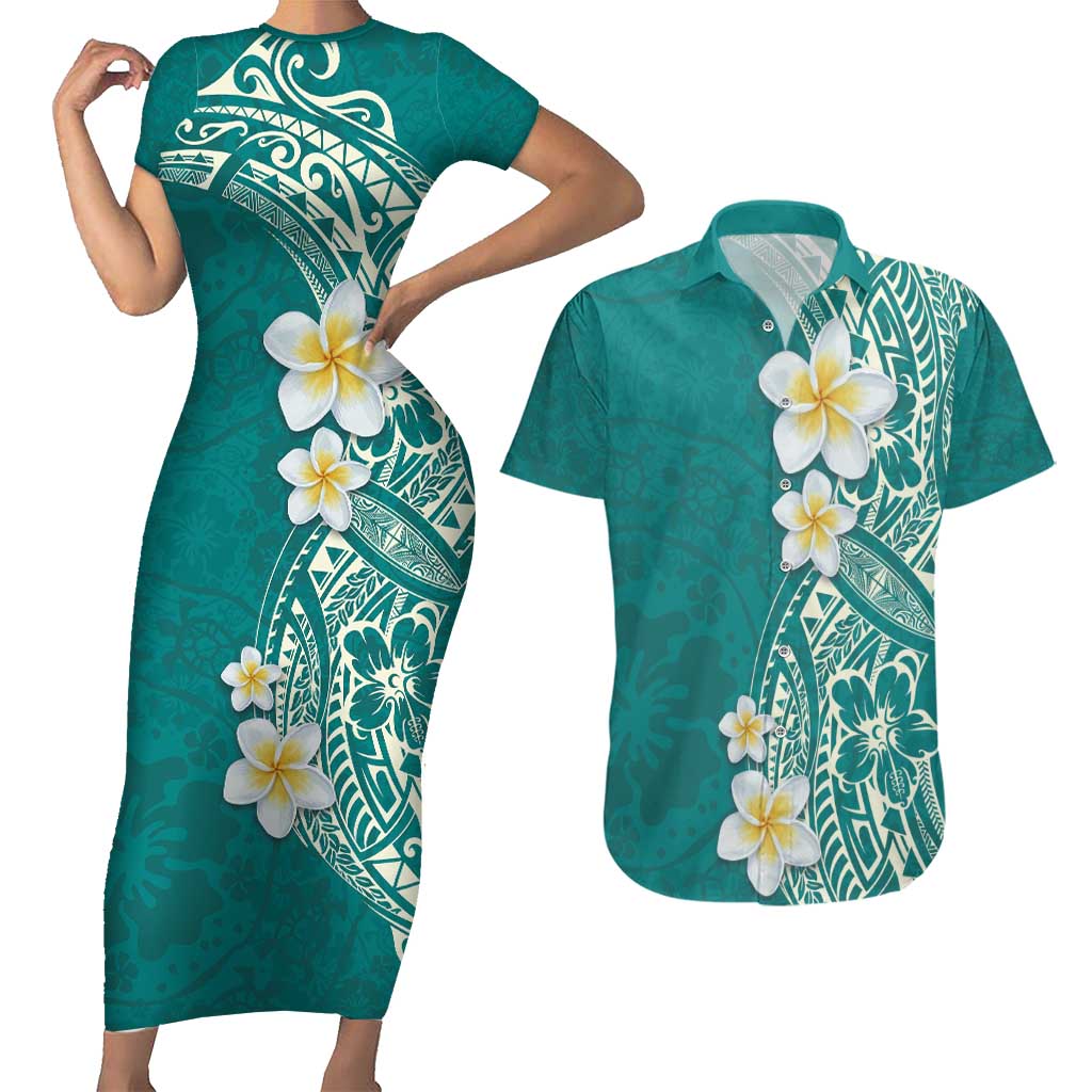 Plumeria Couples Matching Short Sleeve Bodycon Dress and Hawaiian Shirt Polynesian Tribal Frangipani Teal LT03 Teal - Polynesian Pride