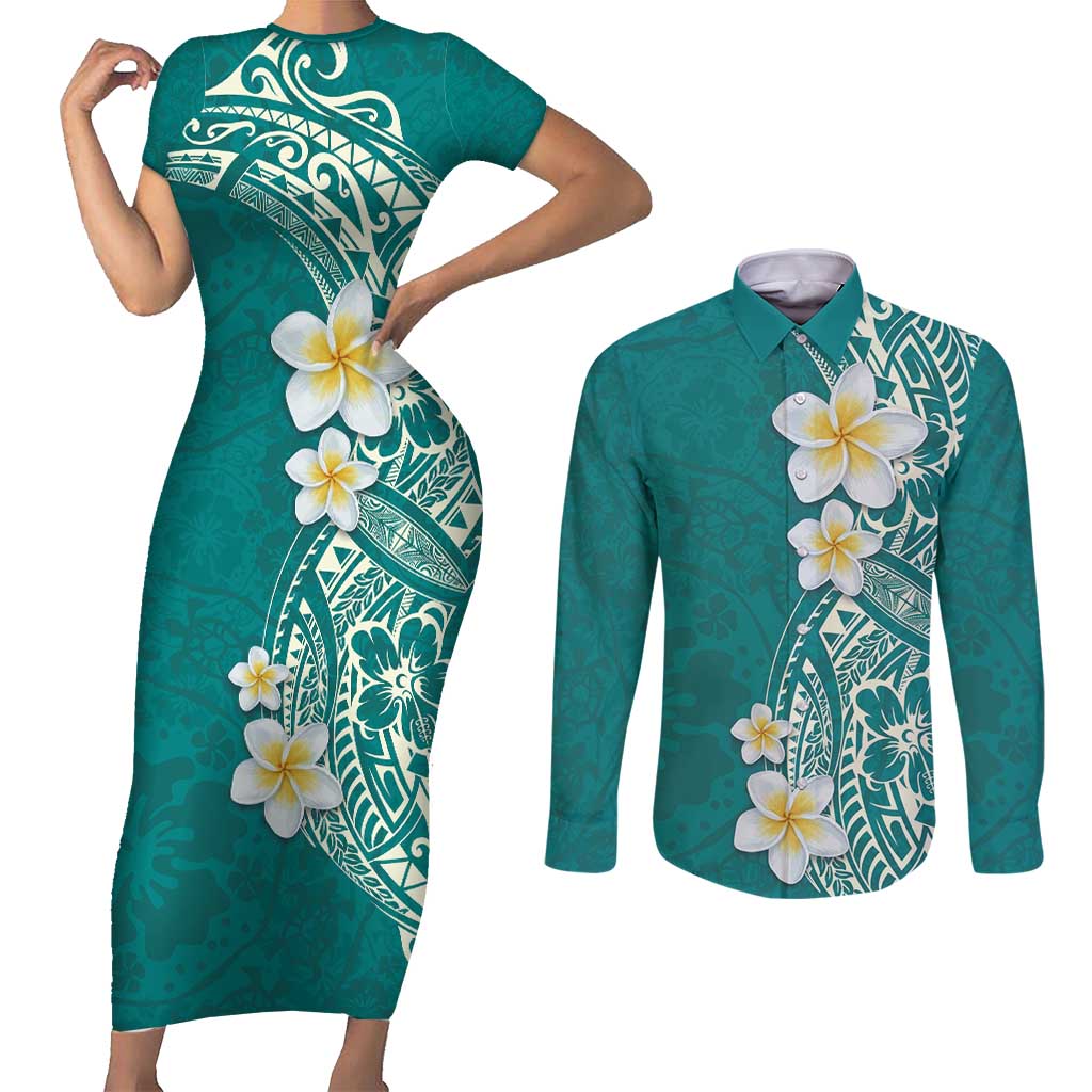 Plumeria Couples Matching Short Sleeve Bodycon Dress and Long Sleeve Button Shirt Polynesian Tribal Frangipani Teal LT03 Teal - Polynesian Pride