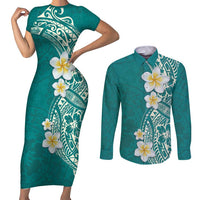 Plumeria Couples Matching Short Sleeve Bodycon Dress and Long Sleeve Button Shirt Polynesian Tribal Frangipani Teal LT03 Teal - Polynesian Pride
