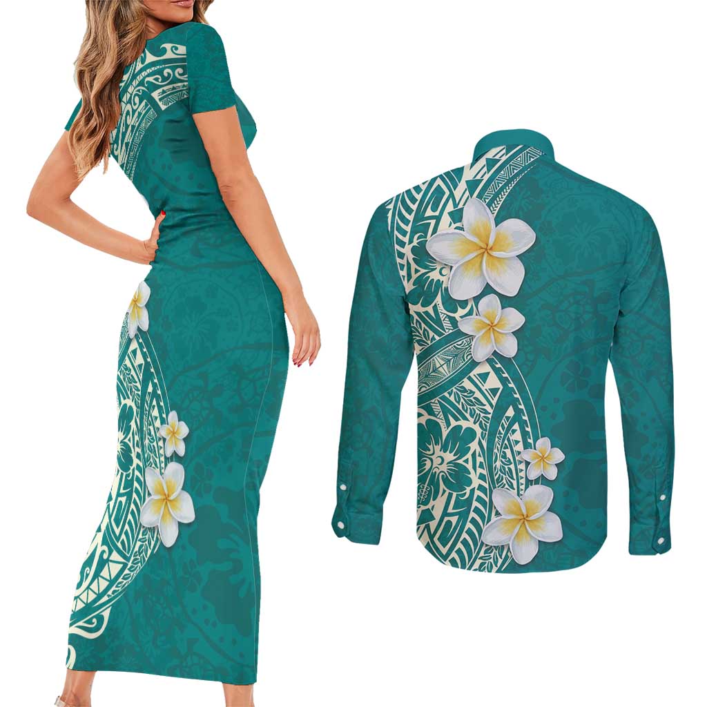 Plumeria Couples Matching Short Sleeve Bodycon Dress and Long Sleeve Button Shirt Polynesian Tribal Frangipani Teal LT03 - Polynesian Pride