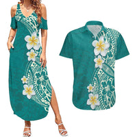 Plumeria Couples Matching Summer Maxi Dress and Hawaiian Shirt Polynesian Tribal Frangipani Teal LT03 Teal - Polynesian Pride