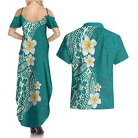 Plumeria Couples Matching Summer Maxi Dress and Hawaiian Shirt Polynesian Tribal Frangipani Teal LT03 - Polynesian Pride