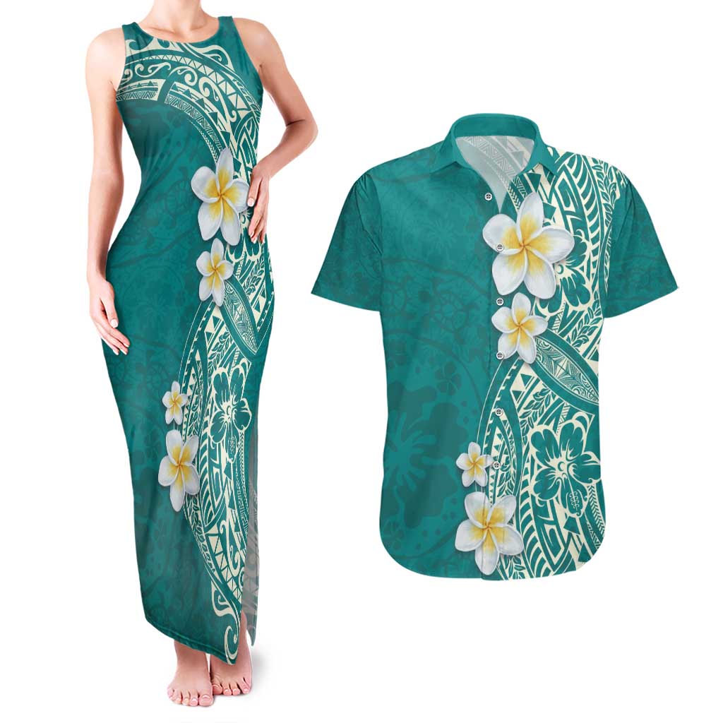 Plumeria Couples Matching Tank Maxi Dress and Hawaiian Shirt Polynesian Tribal Frangipani Teal LT03 Teal - Polynesian Pride