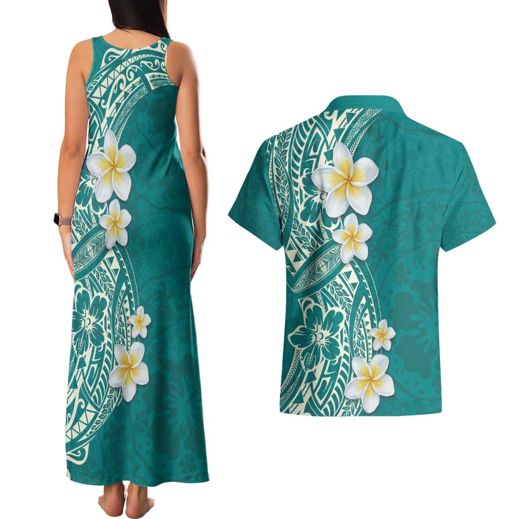 Plumeria Couples Matching Tank Maxi Dress and Hawaiian Shirt Polynesian Tribal Frangipani Teal LT03 - Polynesian Pride