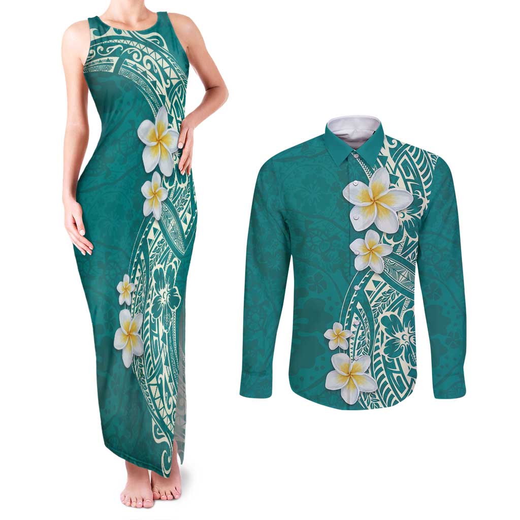 Plumeria Couples Matching Tank Maxi Dress and Long Sleeve Button Shirt Polynesian Tribal Frangipani Teal LT03 Teal - Polynesian Pride