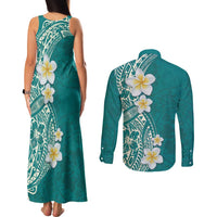 Plumeria Couples Matching Tank Maxi Dress and Long Sleeve Button Shirt Polynesian Tribal Frangipani Teal LT03 - Polynesian Pride