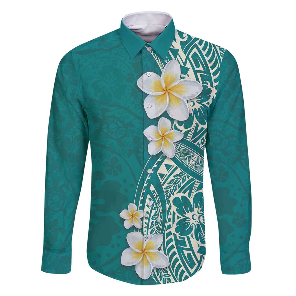 Plumeria Family Matching Long Sleeve Bodycon Dress and Hawaiian Shirt Polynesian Tribal Frangipani Teal LT03 Dad's Shirt - Long Sleeve Teal - Polynesian Pride