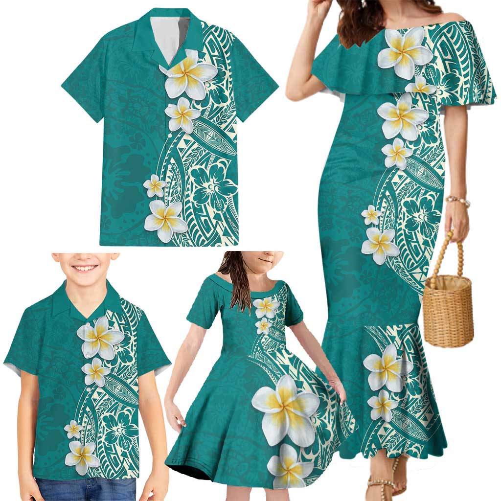 Plumeria Family Matching Mermaid Dress and Hawaiian Shirt Polynesian Tribal Frangipani Teal LT03 - Polynesian Pride