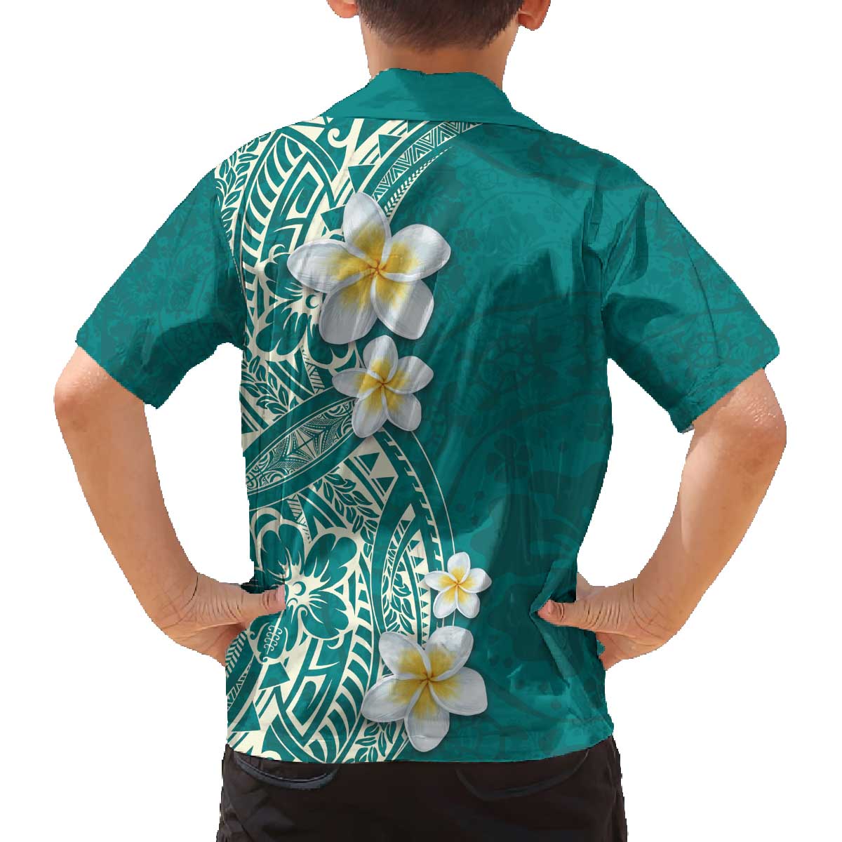 Plumeria Family Matching Off The Shoulder Long Sleeve Dress and Hawaiian Shirt Polynesian Tribal Frangipani Teal LT03 - Polynesian Pride