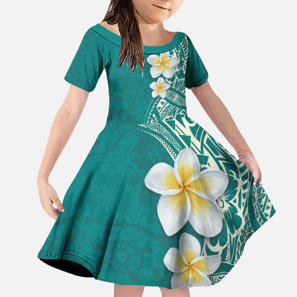 Plumeria Family Matching Off The Shoulder Long Sleeve Dress and Hawaiian Shirt Polynesian Tribal Frangipani Teal LT03 Daughter's Dress Teal - Polynesian Pride