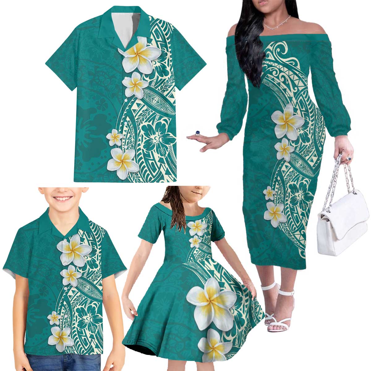 Plumeria Family Matching Off The Shoulder Long Sleeve Dress and Hawaiian Shirt Polynesian Tribal Frangipani Teal LT03 - Polynesian Pride