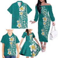Plumeria Family Matching Off The Shoulder Long Sleeve Dress and Hawaiian Shirt Polynesian Tribal Frangipani Teal LT03 - Polynesian Pride